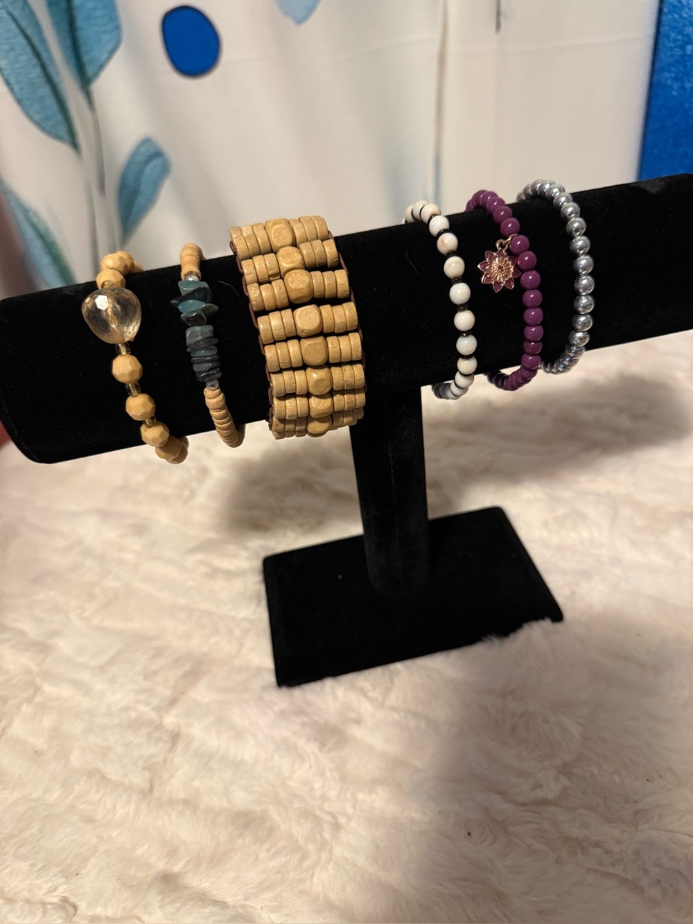 Lot of 6 Boho Beaded Stretch Bracelets Wood Purple Silver Mixed